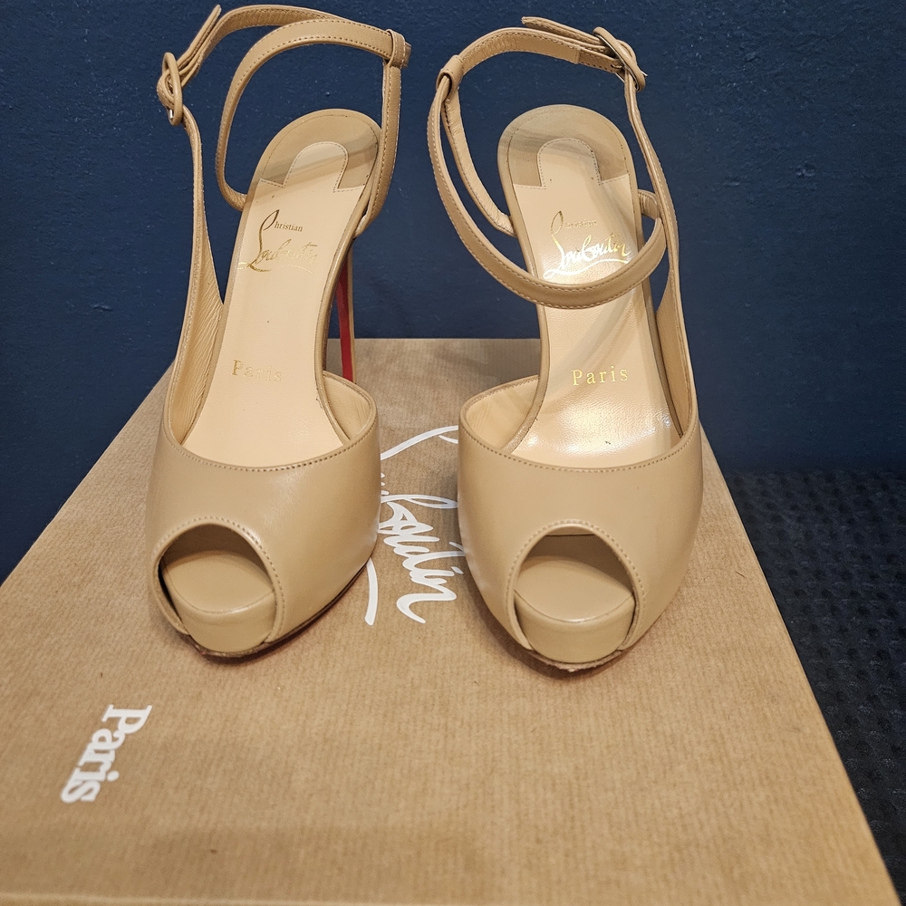 Christian Louboutin Beige Peep-Toe Ankle-Strap Platform Heels